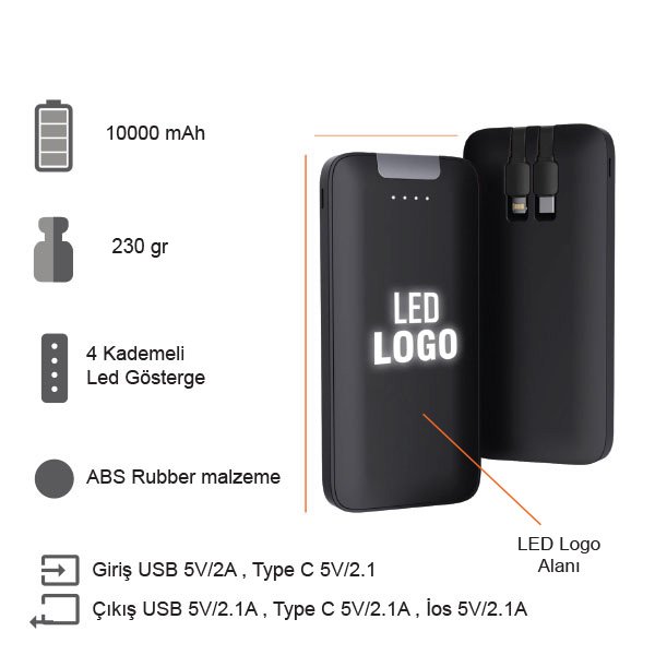PT-226 10000 mAh Işıklı Kendinden Kablolu Powerbank - Görsel 5