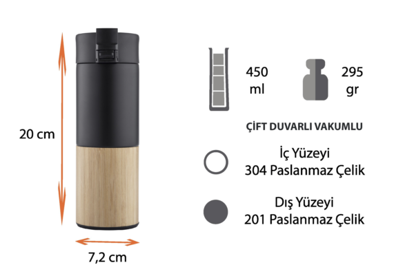 PT-608 BAMBU Model Termos Bardak 450 ML - Görsel 3