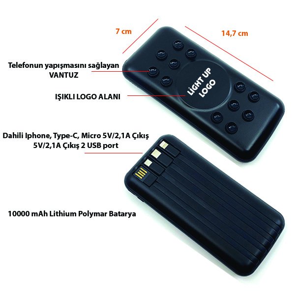 285-image_1.jpg 10000 mAh Işıklı Kendinden Kablolu Vantuzlu Powerbank K390 - Görsel 1
